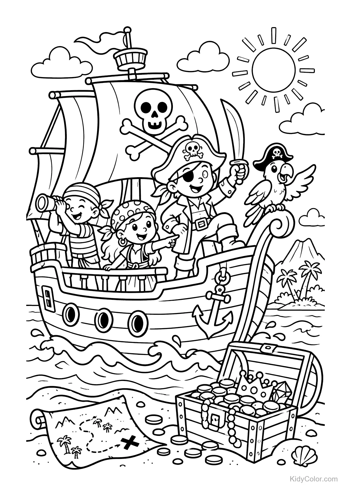 Pirates on a ship with a parrot, sailing towards treasure.