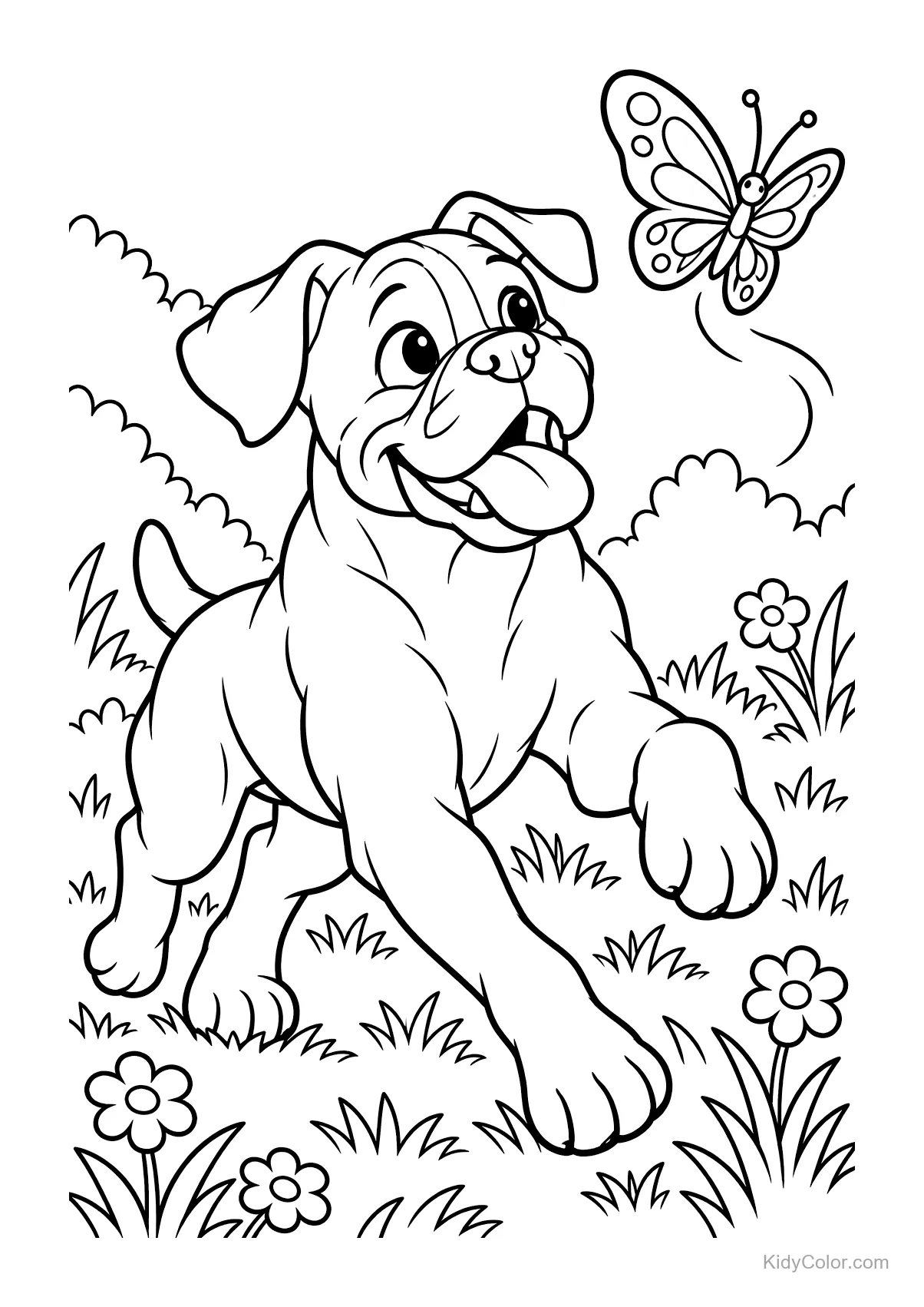 Boxer dog chasing a butterfly in a field with flowers.