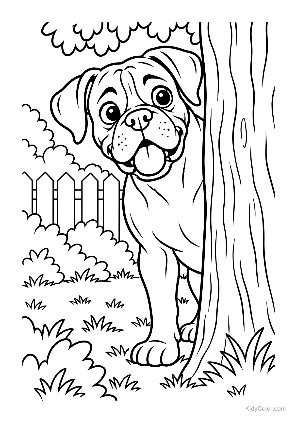 Ein Boxerhund, der hinter einem Baum in einem Garten hervorschaut.