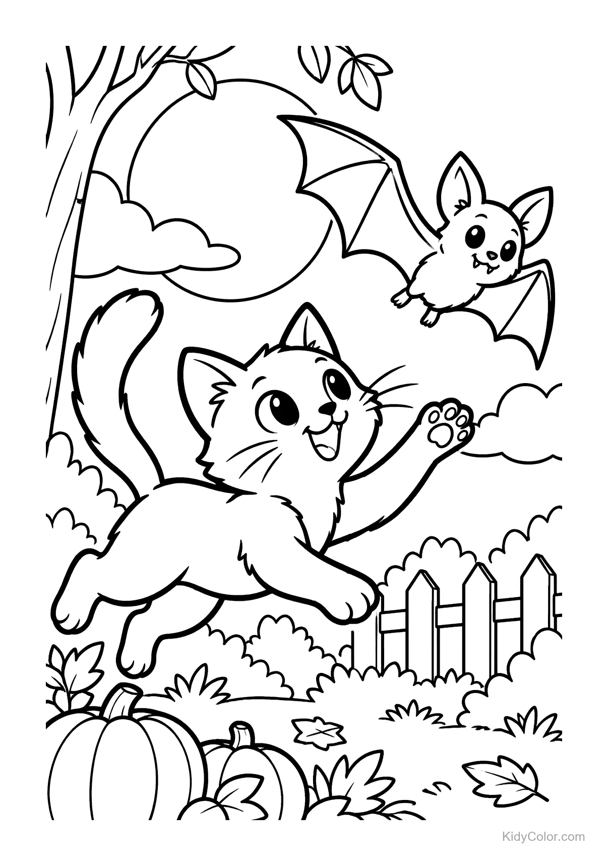 Playful cat with wide eyes chases a cheerful bat under a full moon.