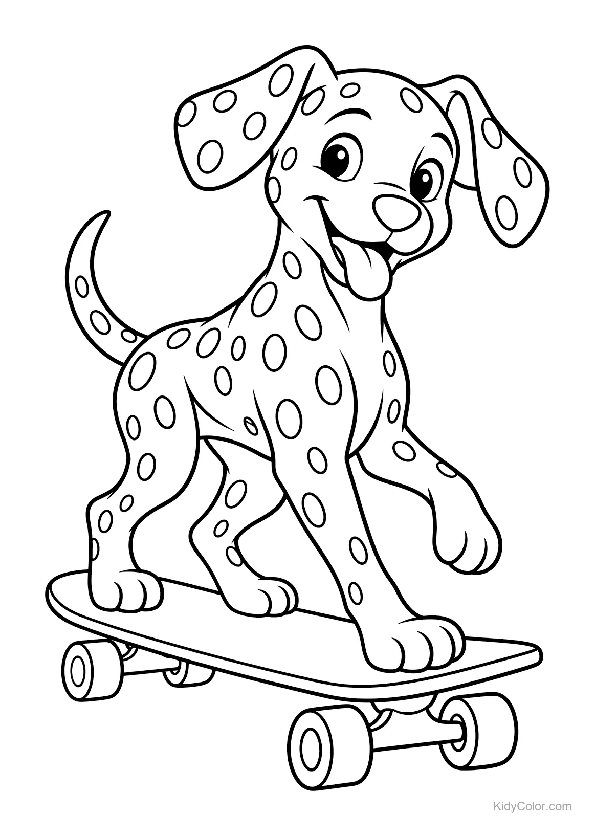 Dalmatian dog happily riding a skateboard.