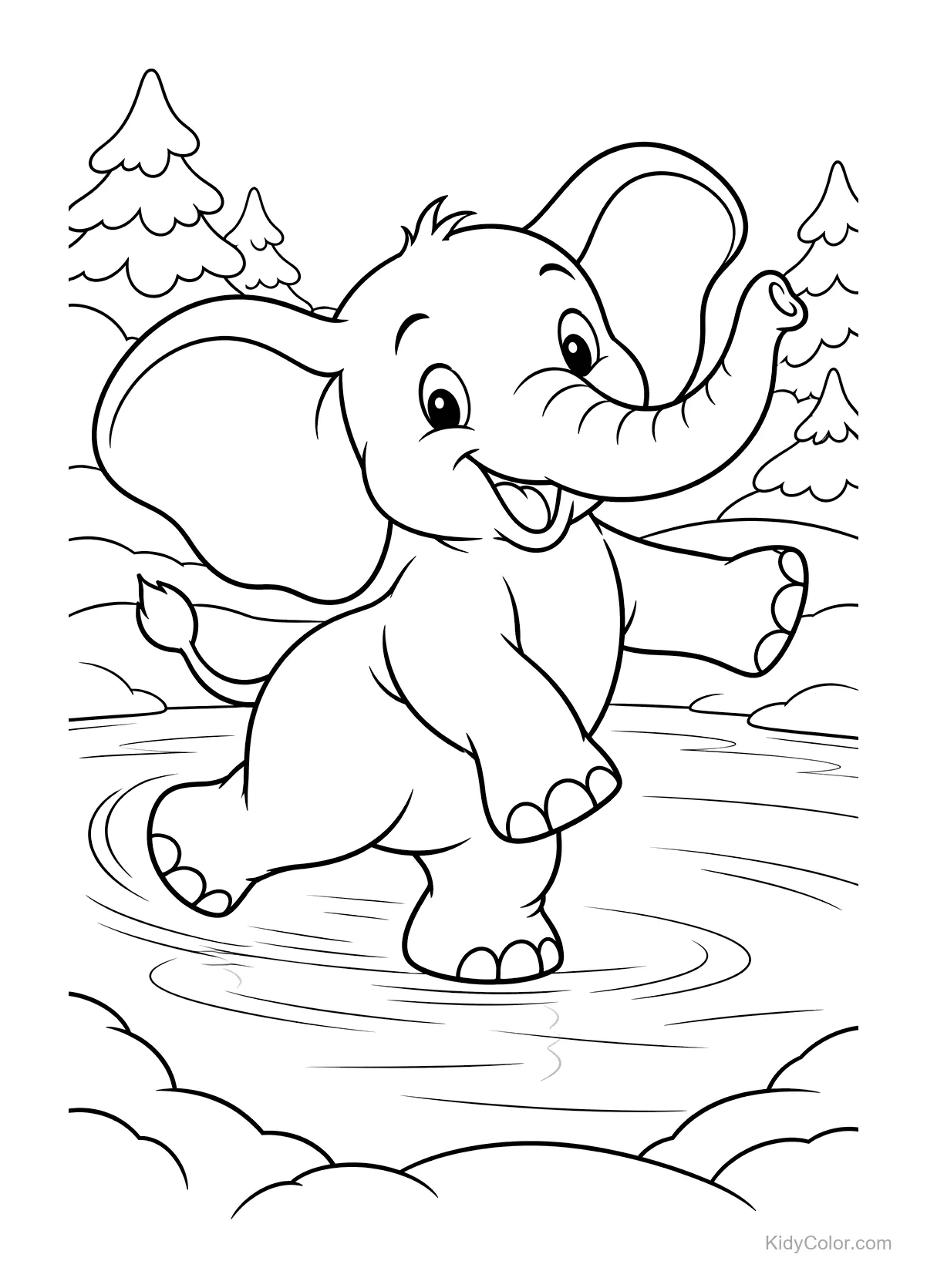 Een speelse olifant die op ijs glijdt, omringd door bomen.