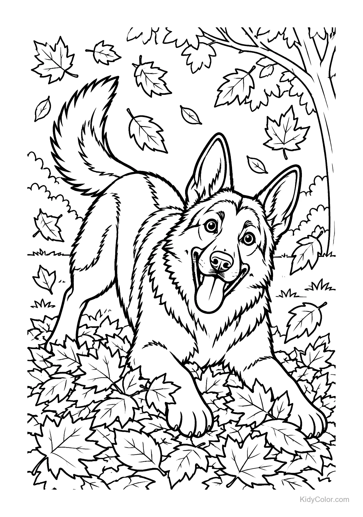 Deutscher Schäferhund springt in Herbstblättern.