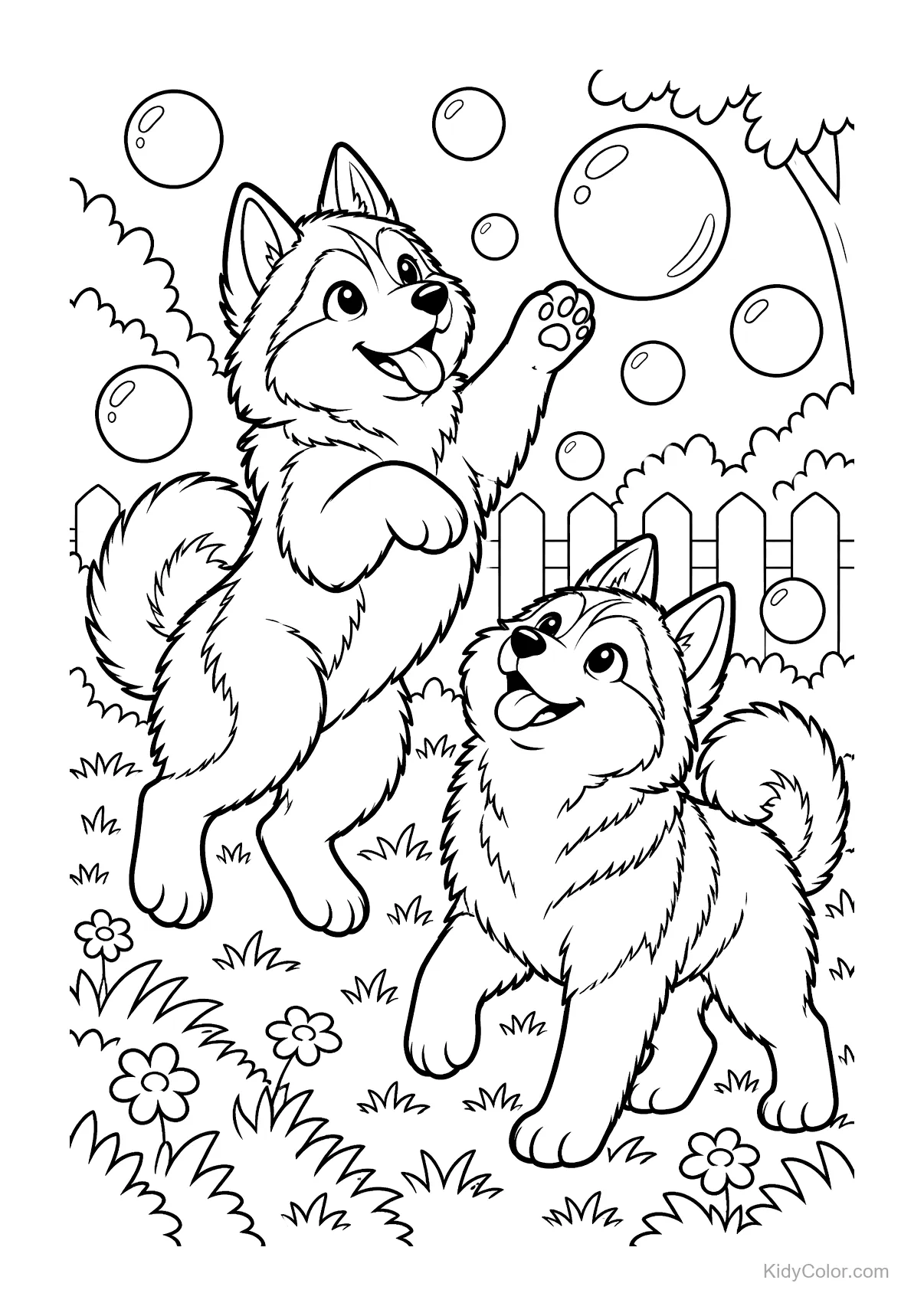 Zwei verspielte Huskys mit Seifenblasen und Blumen.