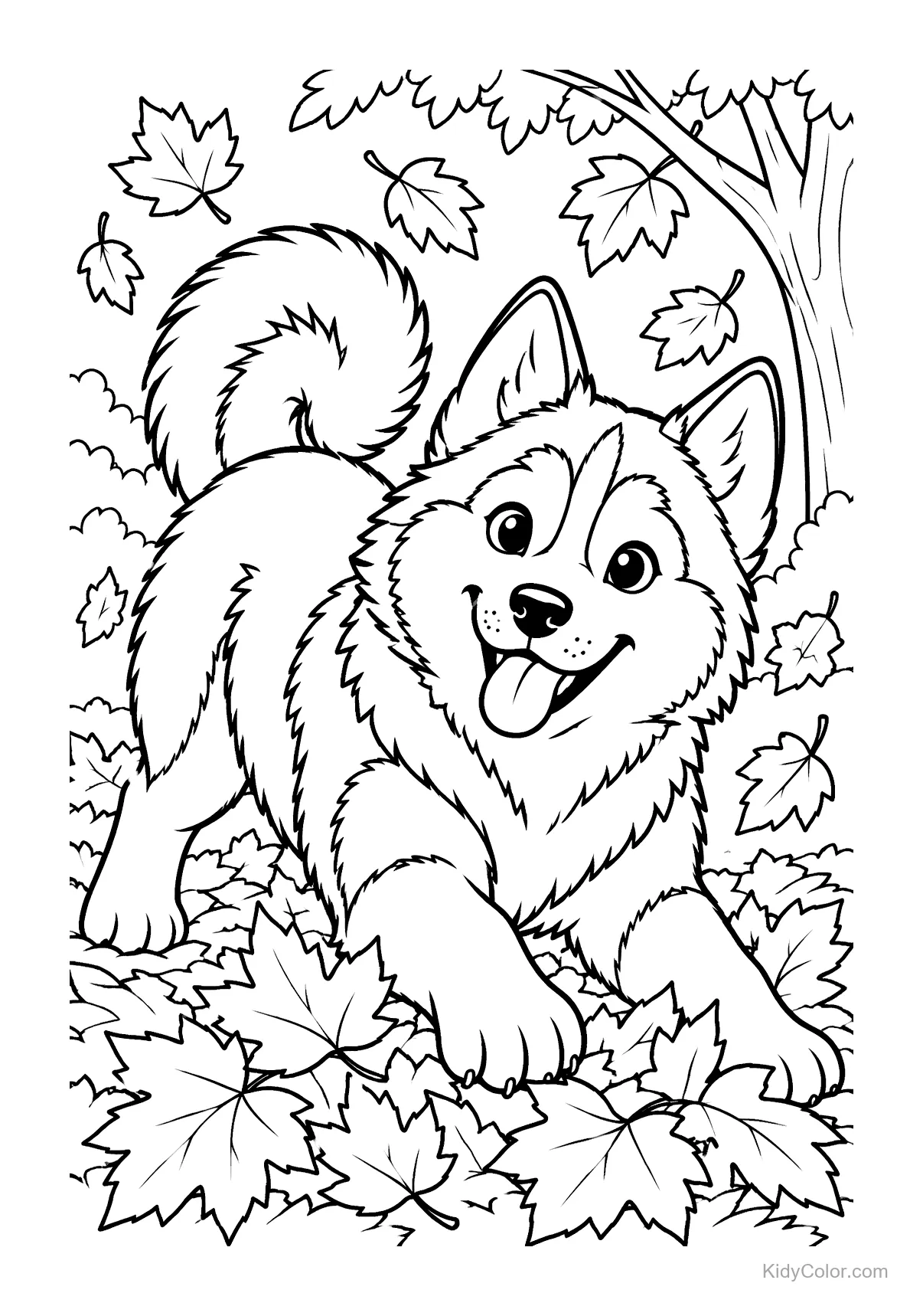Een husky die speelt tussen herfstbladeren onder een boom.