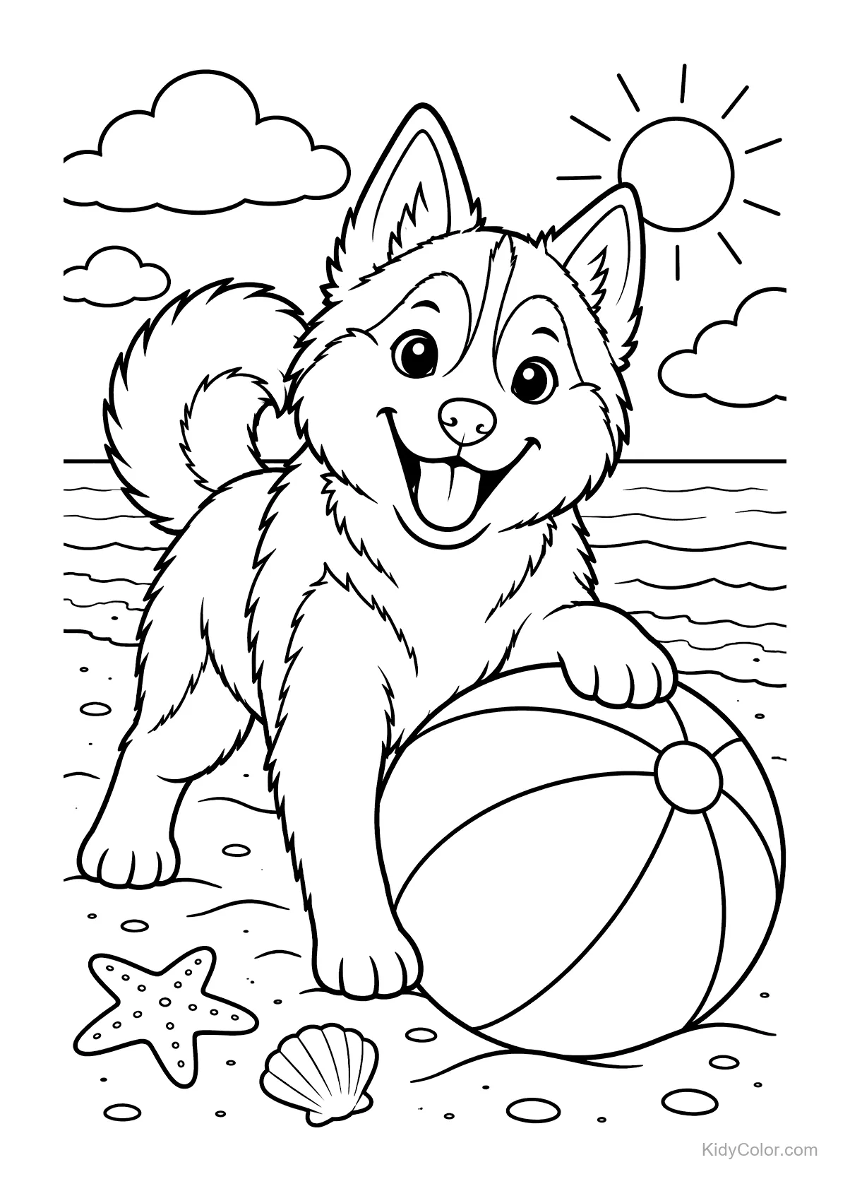 Ein Husky spielt mit einem Strandball am Strand.