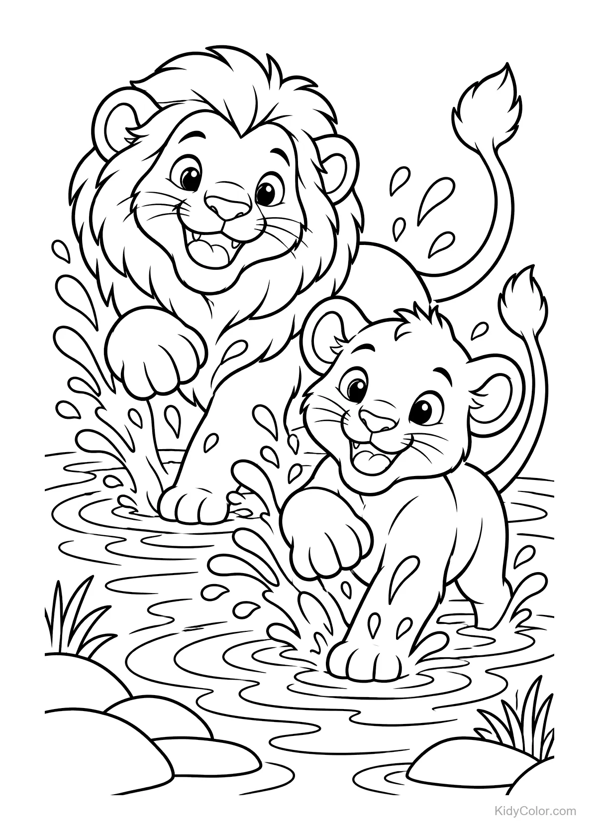 Two playful lions splashing in a waterhole.