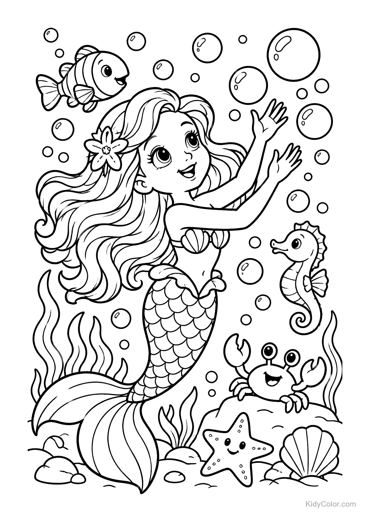 Sereia com peixe, cavalo-marinho e caranguejo em bolhas.