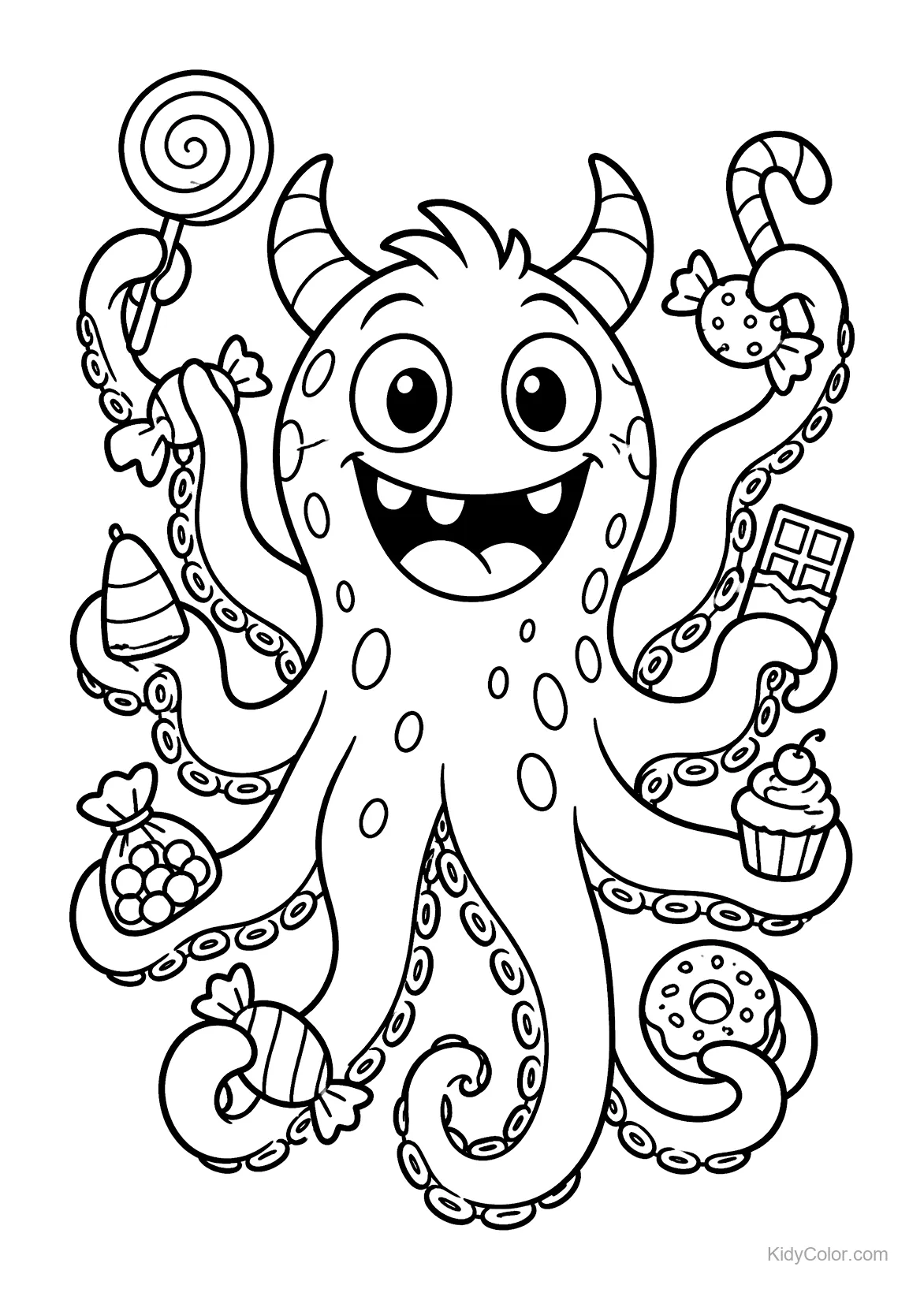 Pulpo monstruo alegre sosteniendo dulces en sus tentáculos.