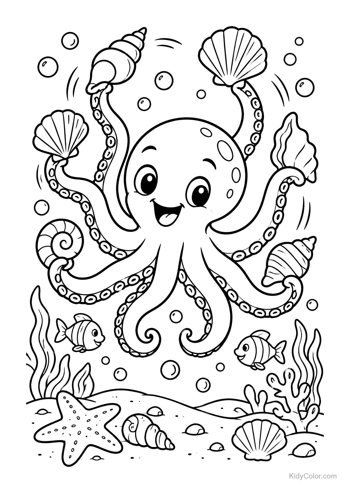 An octopus juggling sea shells underwater with fish and bubbles.