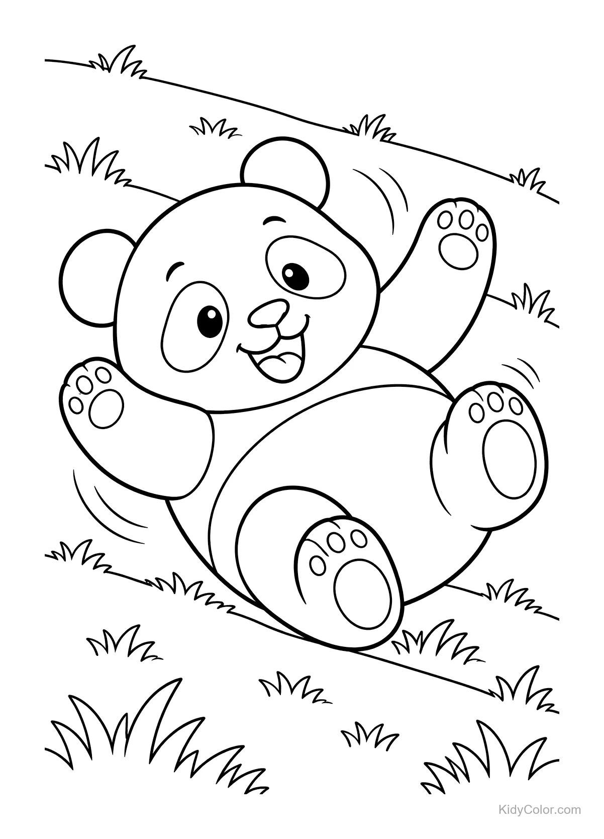 Panda z radosnym wyrazem twarzy tocząca się po trawiastym wzgórzu.