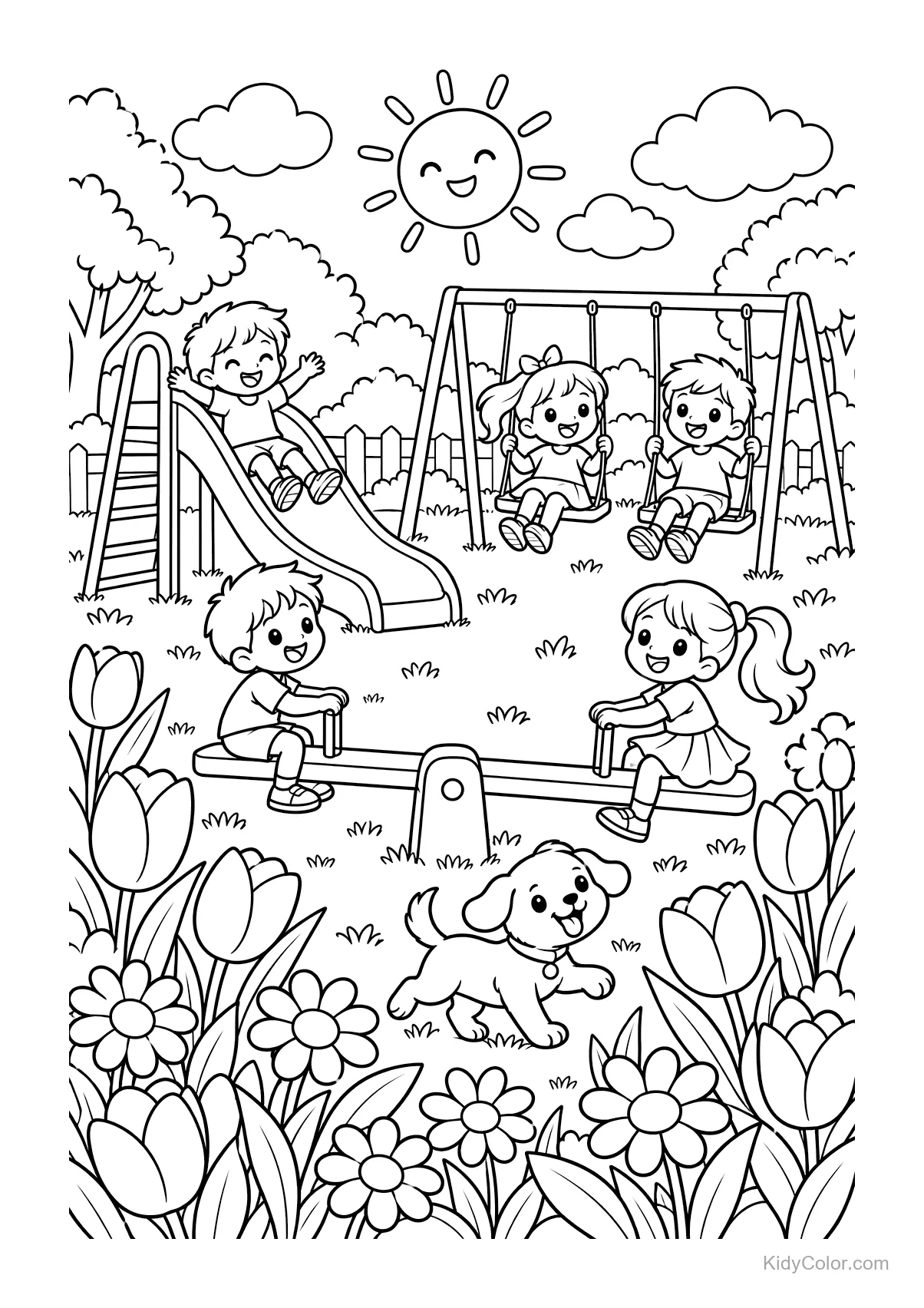 Parque con niños en columpios, tobogán, flores y un cachorro.