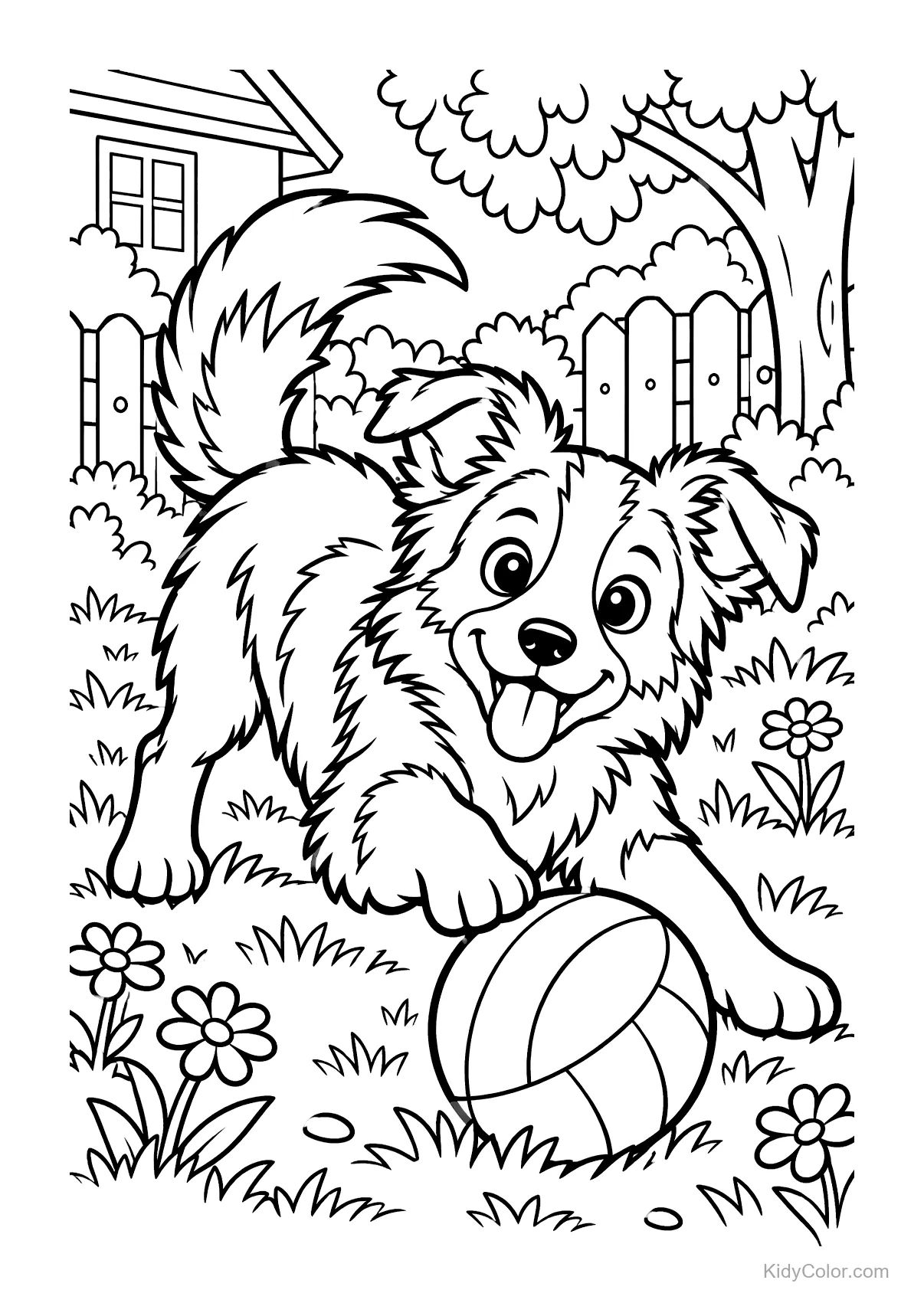 Playful puppy with a ball in a garden near flowers.