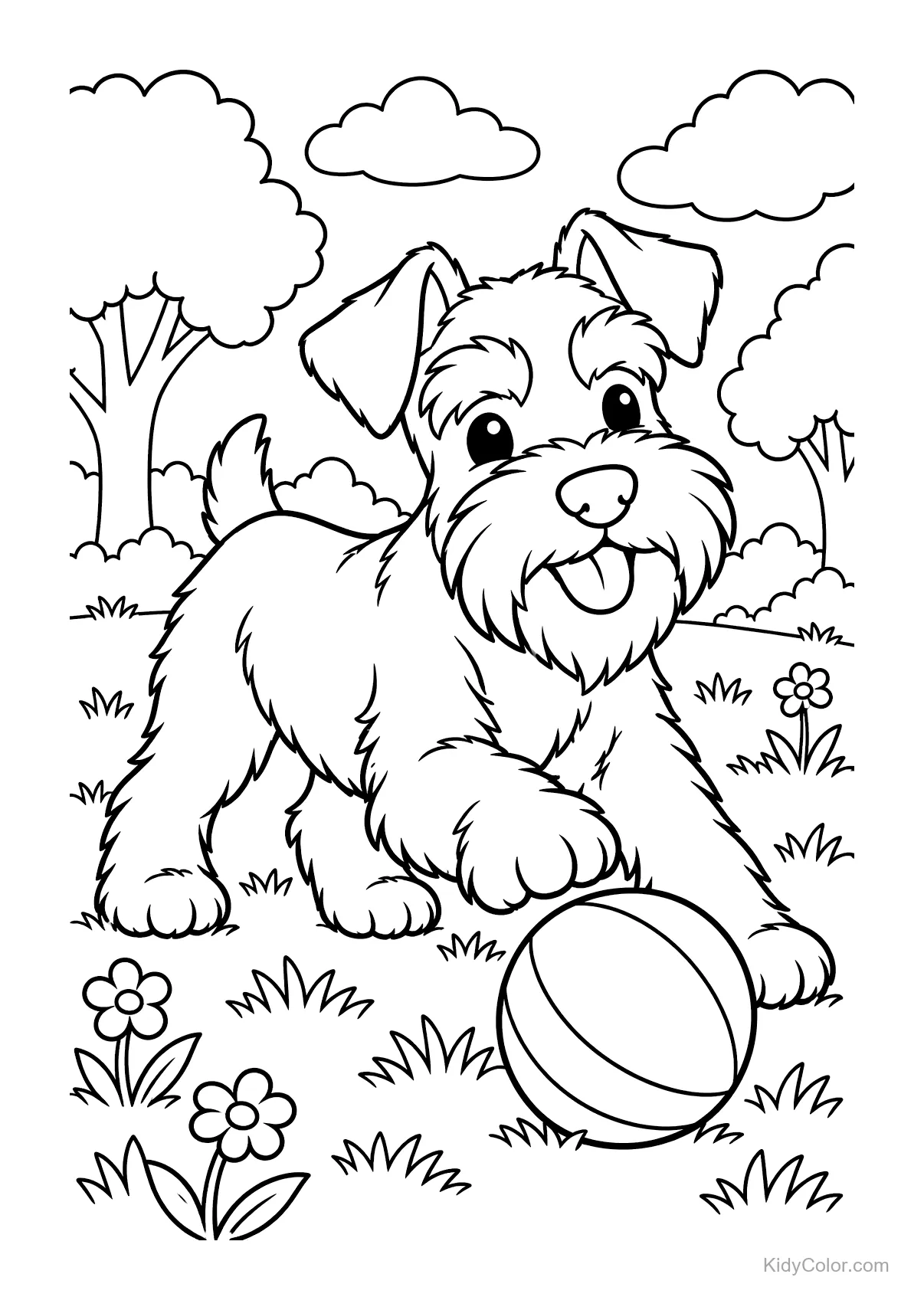 Miniatuur schnauzer speelt met een bal in een park.