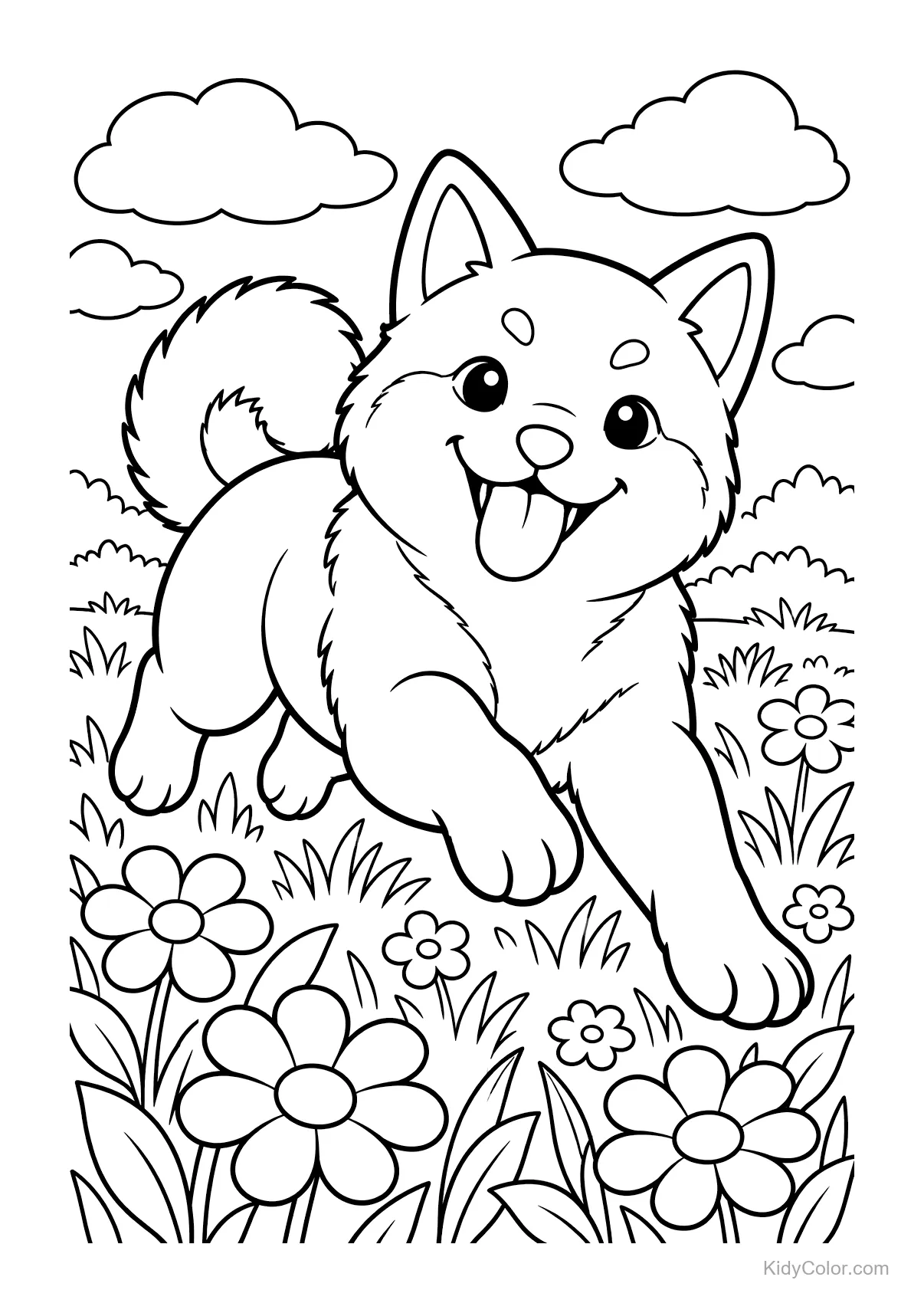 Shiba Inu courant dans un pré avec des fleurs et des nuages.