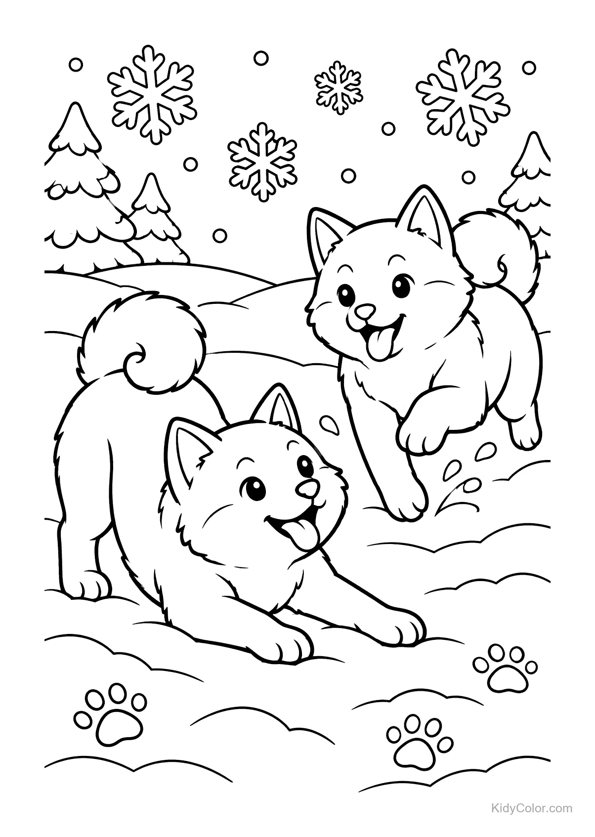 Zwei Shiba Inus spielen im Schnee mit Schneeflocken und Bäumen.