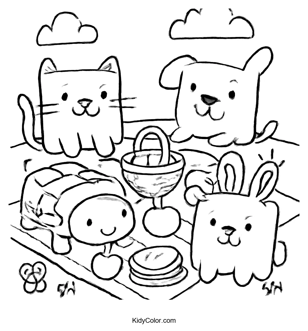 Square-shaped cat, dog, turtle, and rabbit by a picnic basket with clouds.
