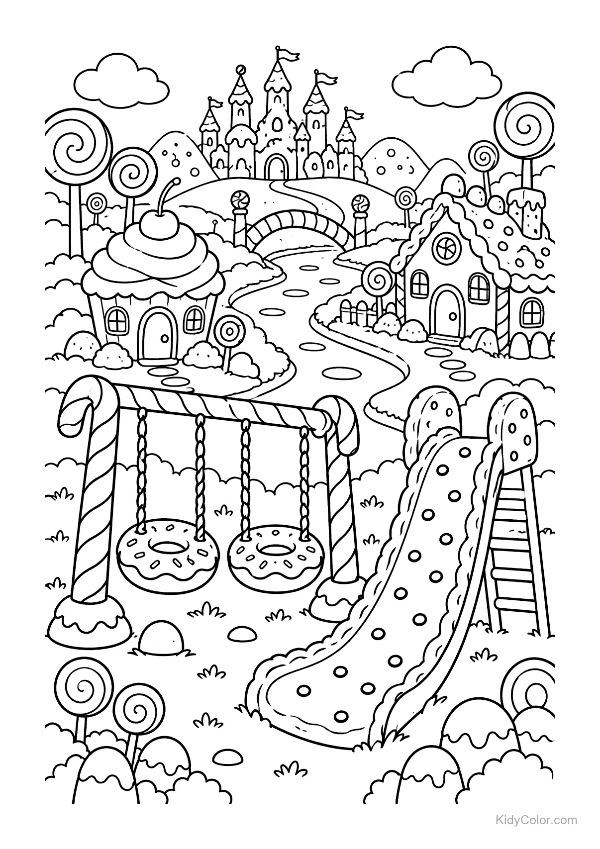 Playground with candy swings and slide, candy-themed houses, and a castle.