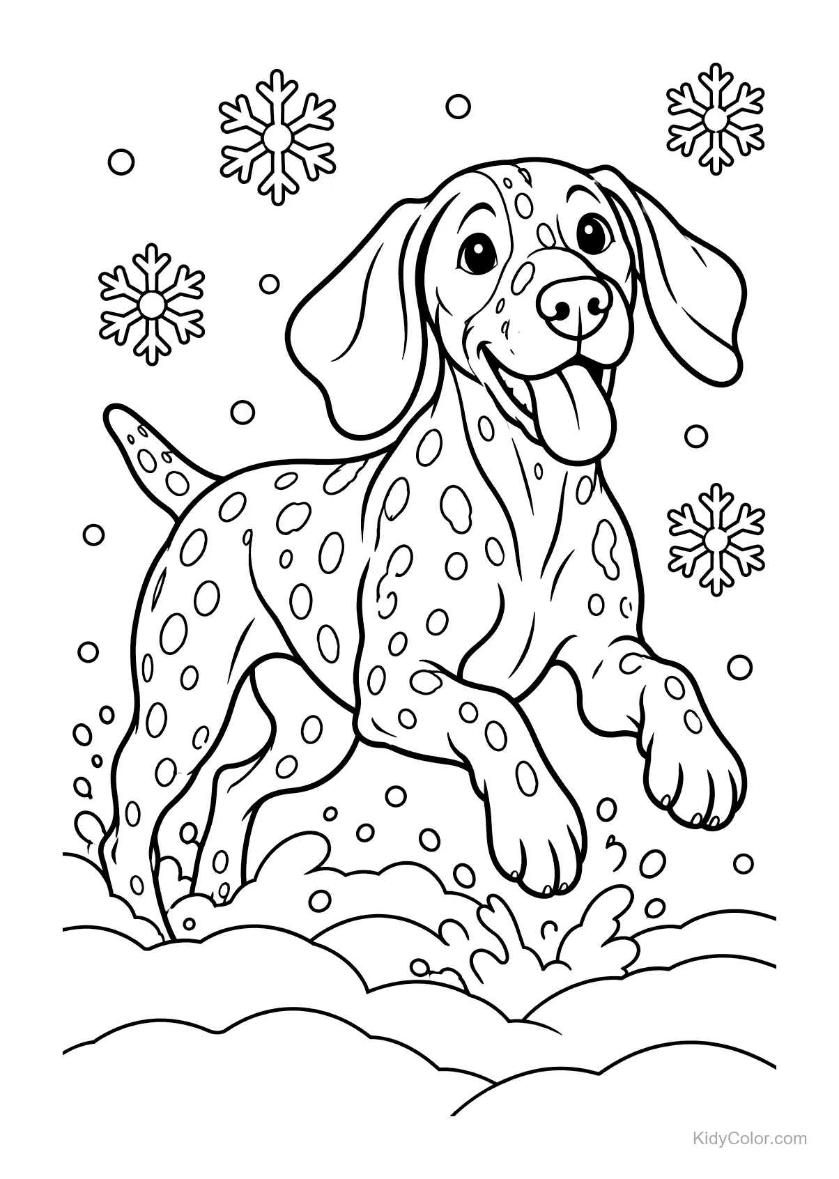 Ein Hund springt durch Schnee mit Schneeflocken in der Luft.