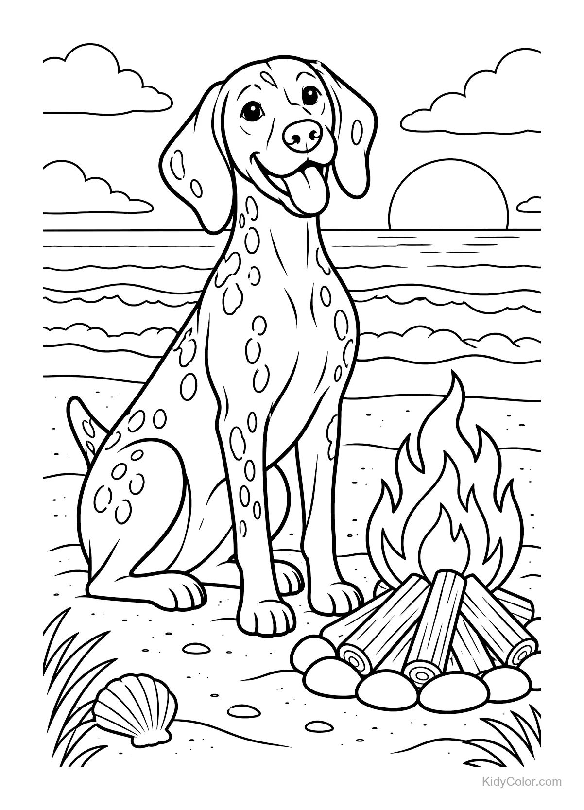 Deutsch Kurzhaar sitzt am Strandfeuer.