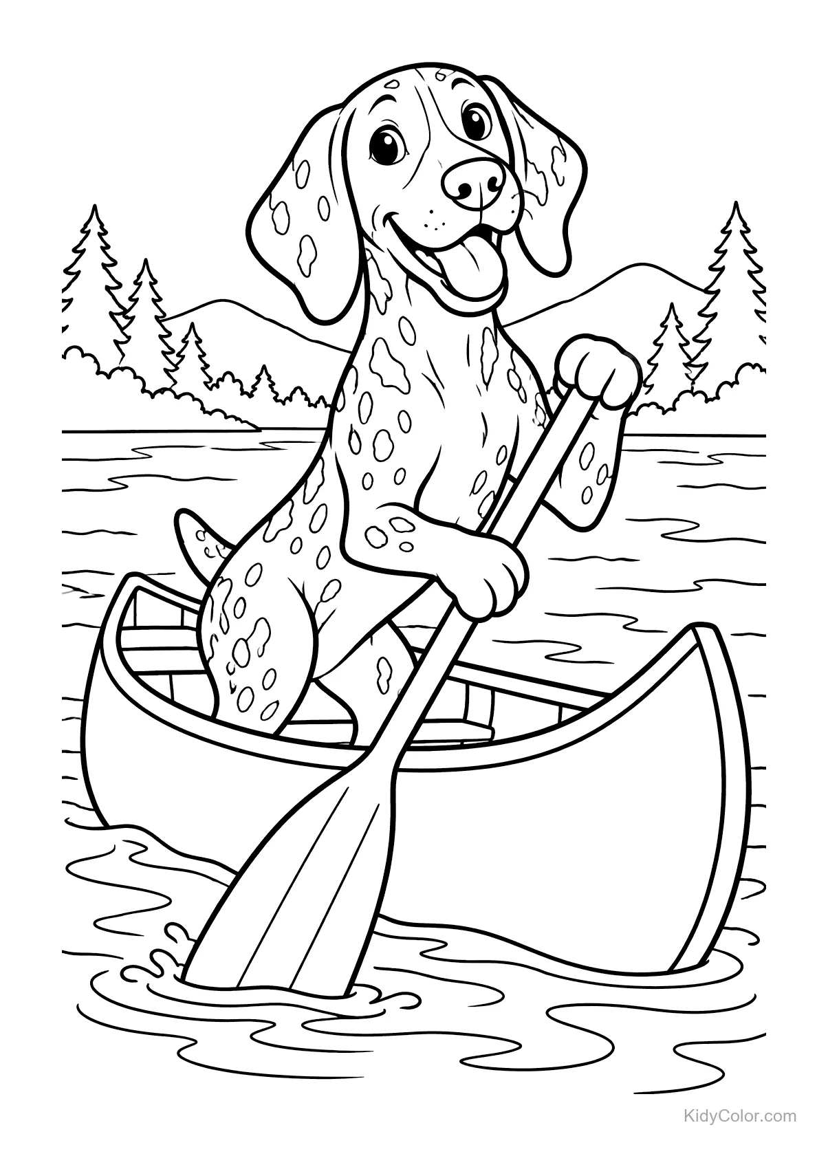 Un chiot pointer allemand pagaie un canoë sur un lac.