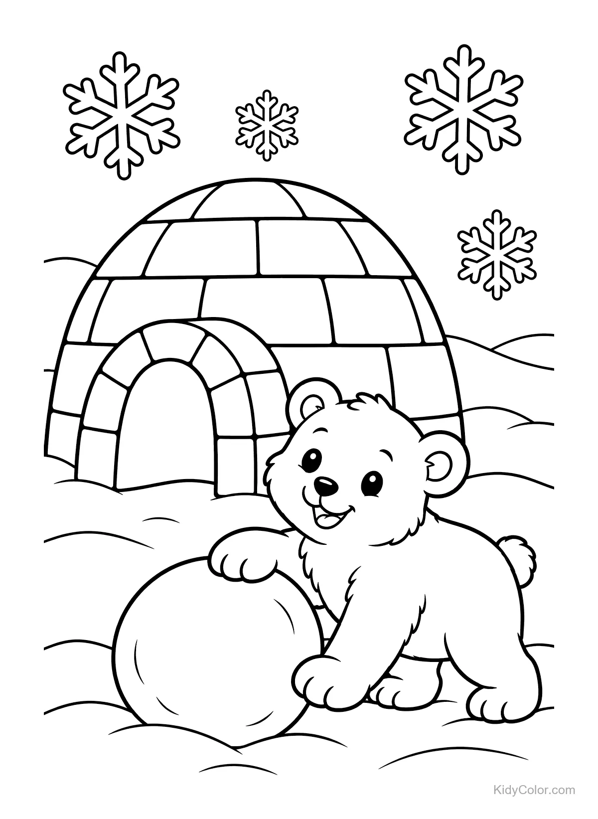 Orso polare gioca con una palla di neve davanti a un igloo.