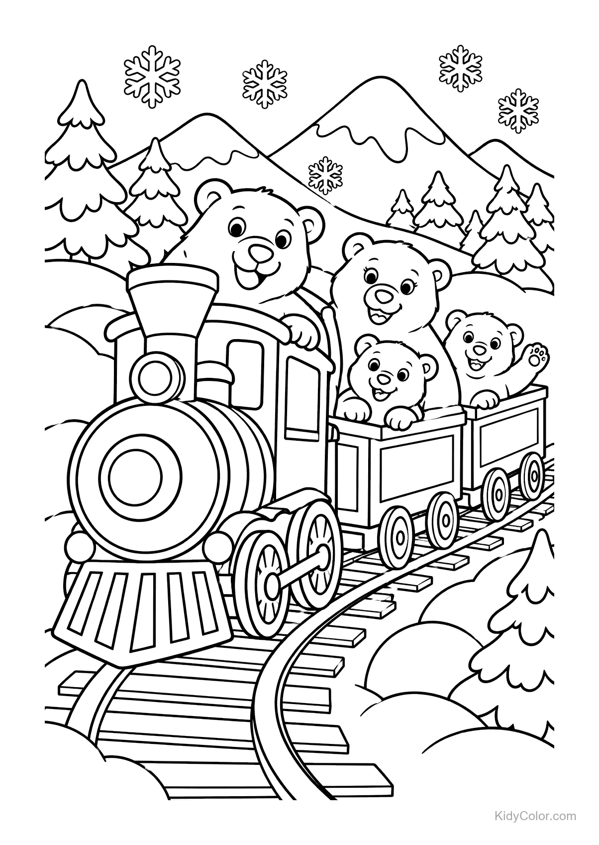 Polar bear family on a train through snowy landscape.