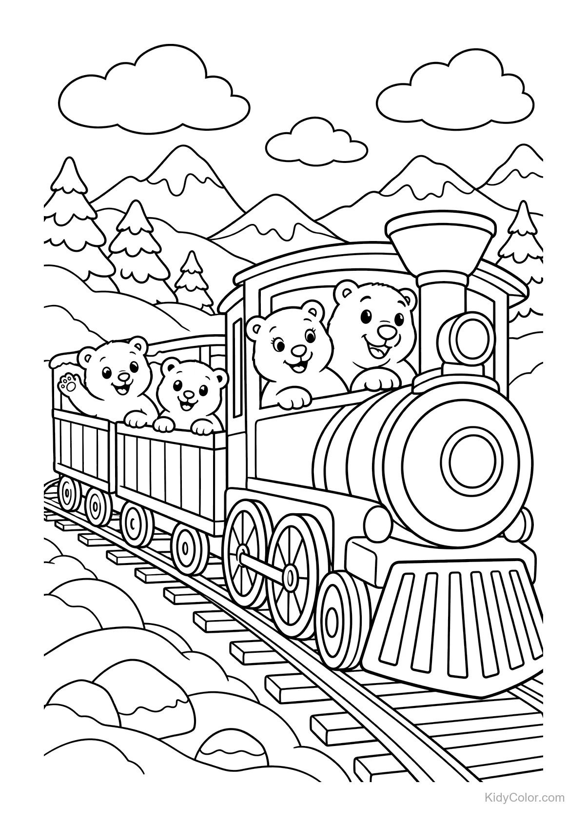 Polar bear family riding a train through the mountains.