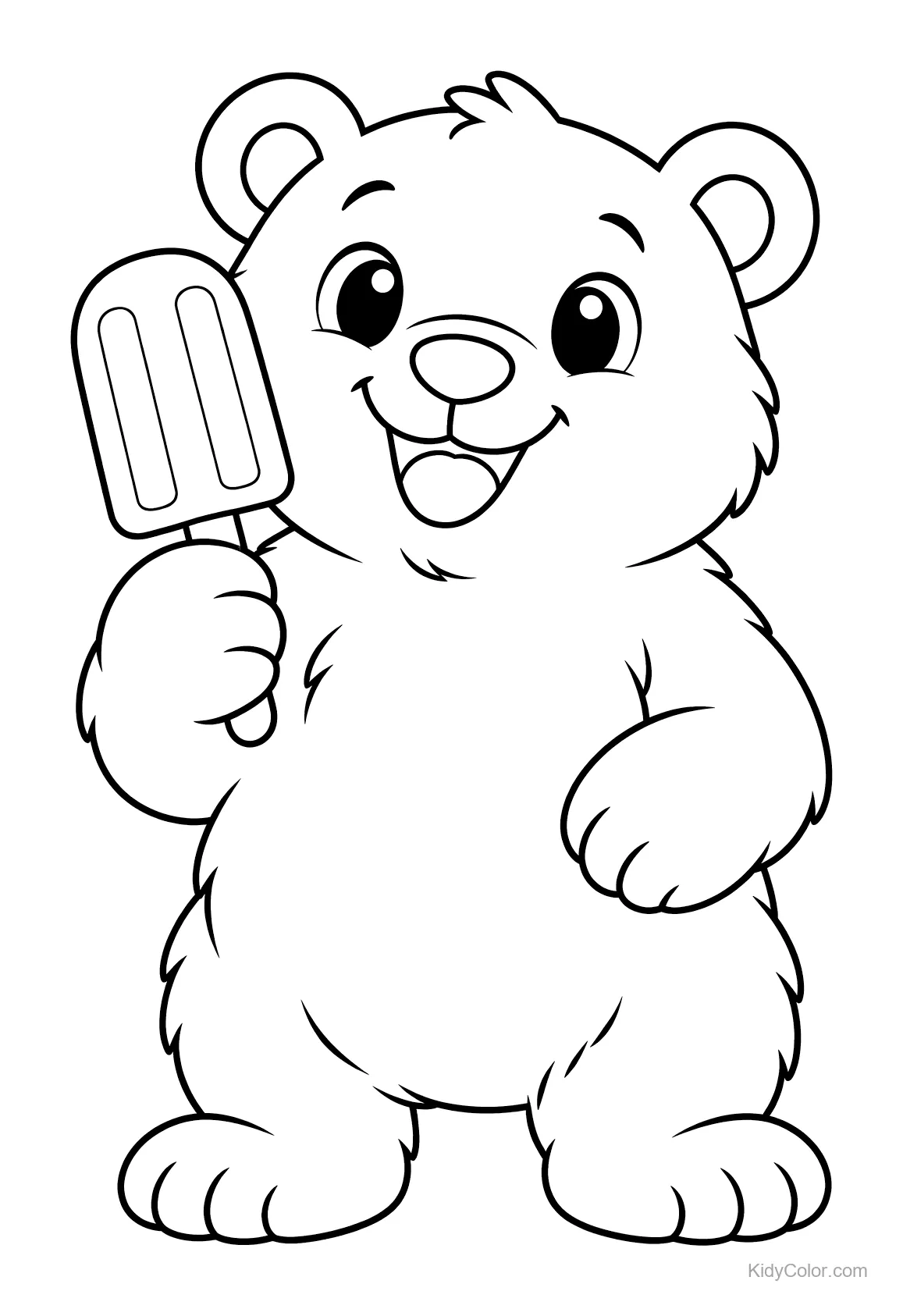Urso polar segurando um picolé e sorrindo.