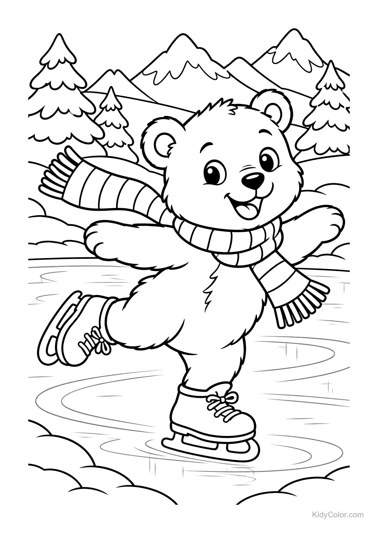 A cheerful polar bear ice skating on a frozen pond, wearing a scarf.