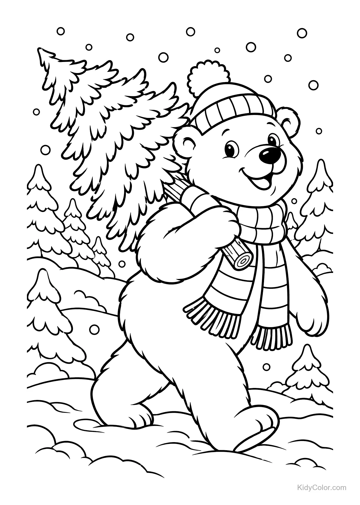 Urso polar caminhando com uma árvore de Natal nas costas na neve.