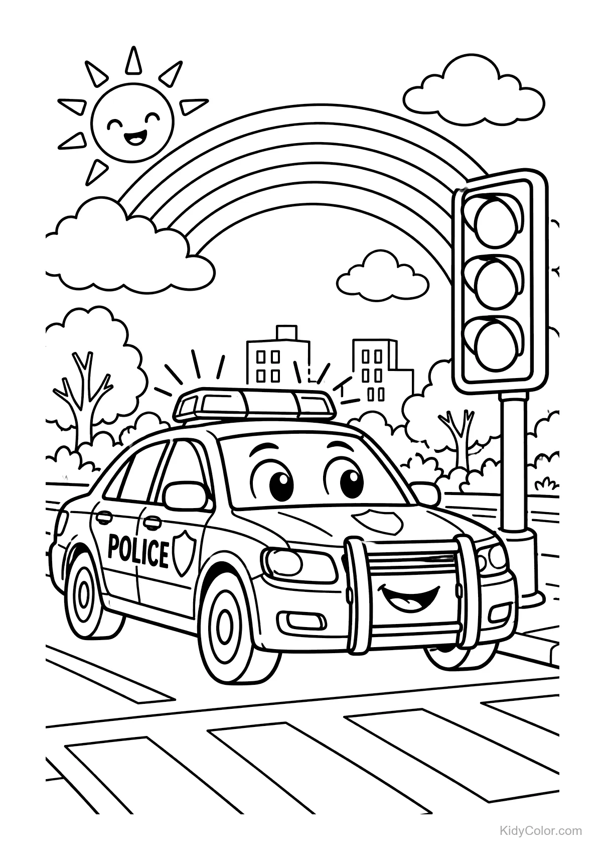 Friendly police car at a crosswalk with a rainbow and traffic light.