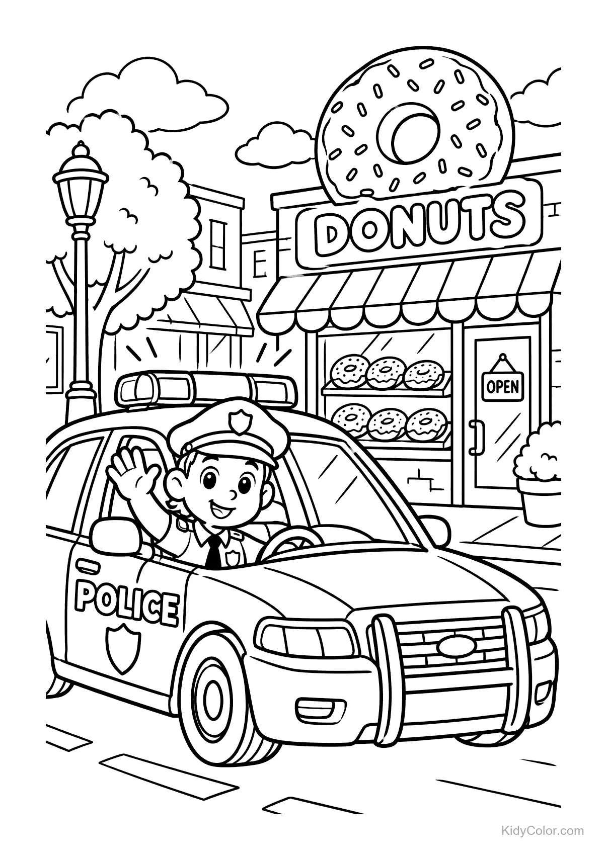 Police officer waving from a police car in front of a donut shop.