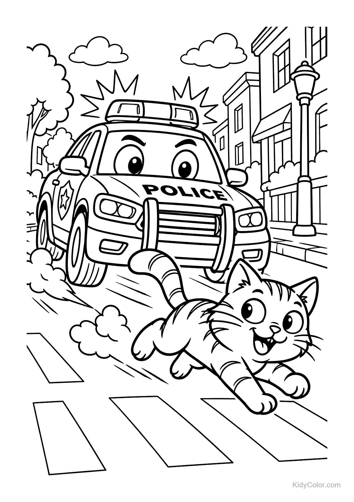 A police car with a friendly face chases a playful cat down the street.