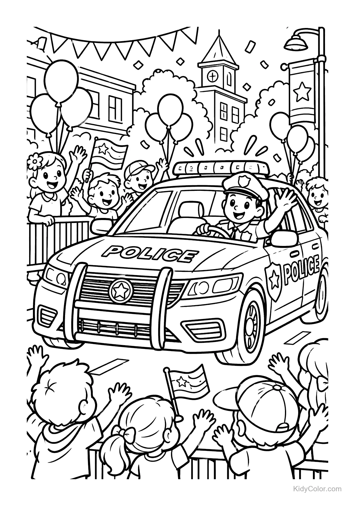 Police car in a parade with children waving and balloons.