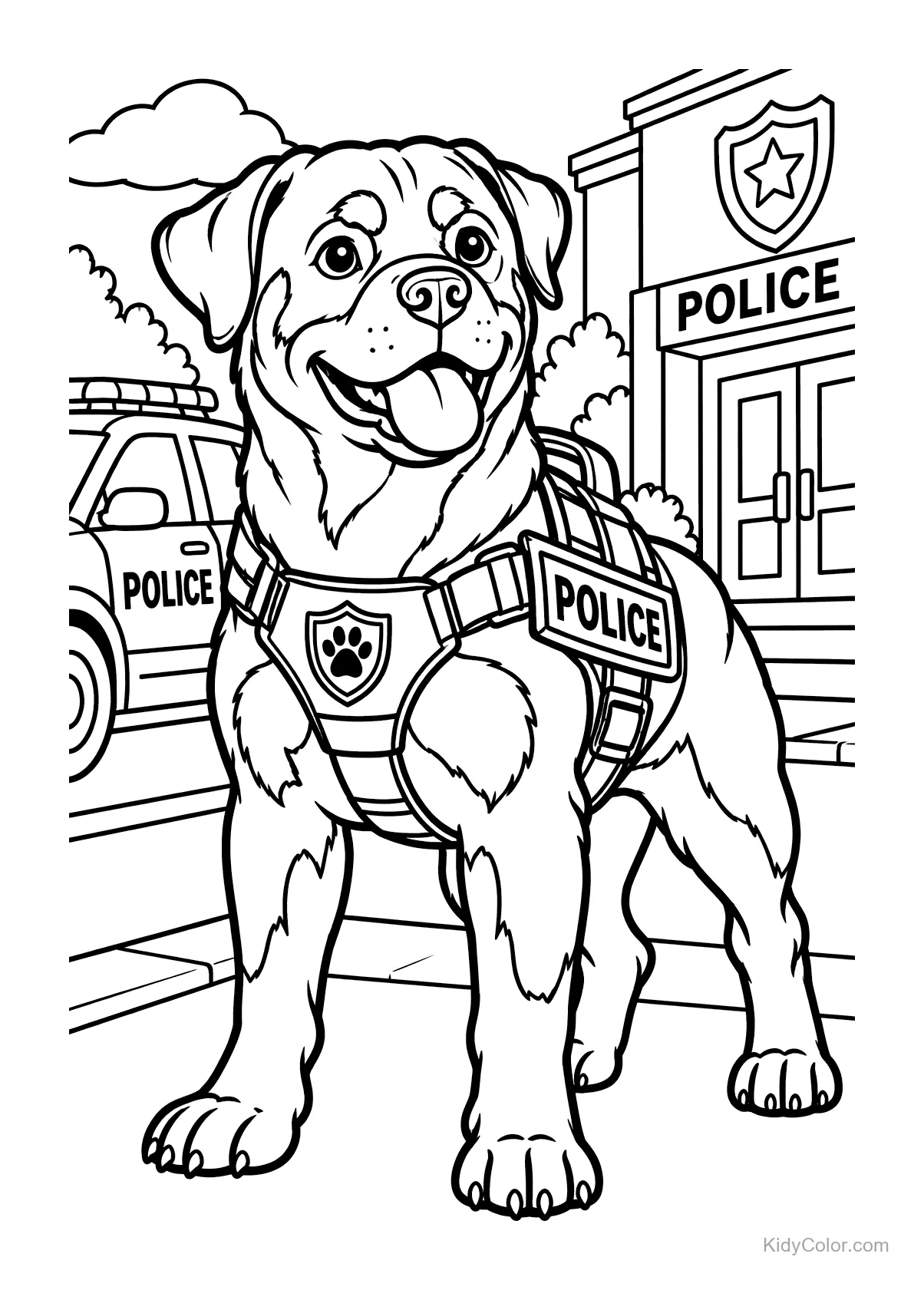 Police dog in front of station and car, wearing uniform.