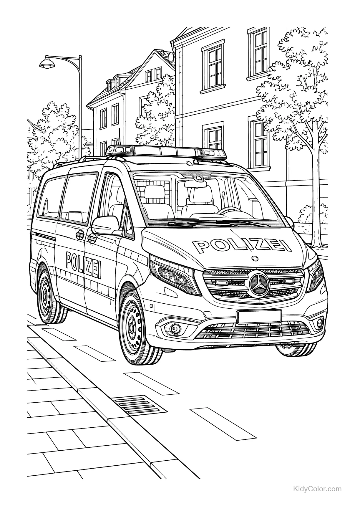 Police van parked on a city street with buildings and trees.