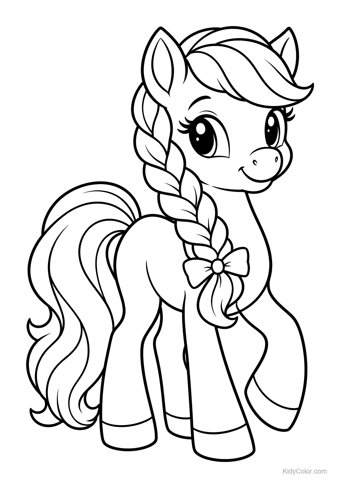 Niedliches Pony mit geflochtener Mähne und Schleife, stehend.