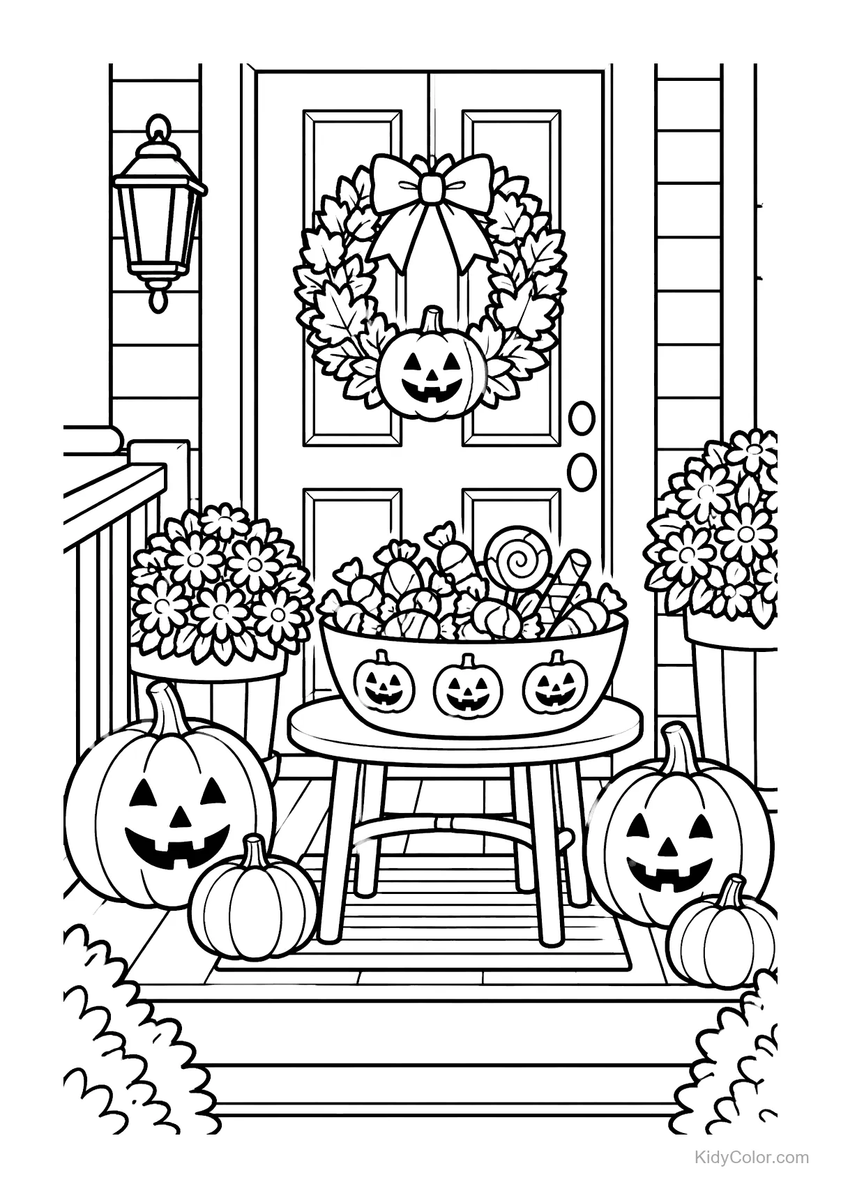 veranda met pompoenen, snoepschaal en Halloweenkrans