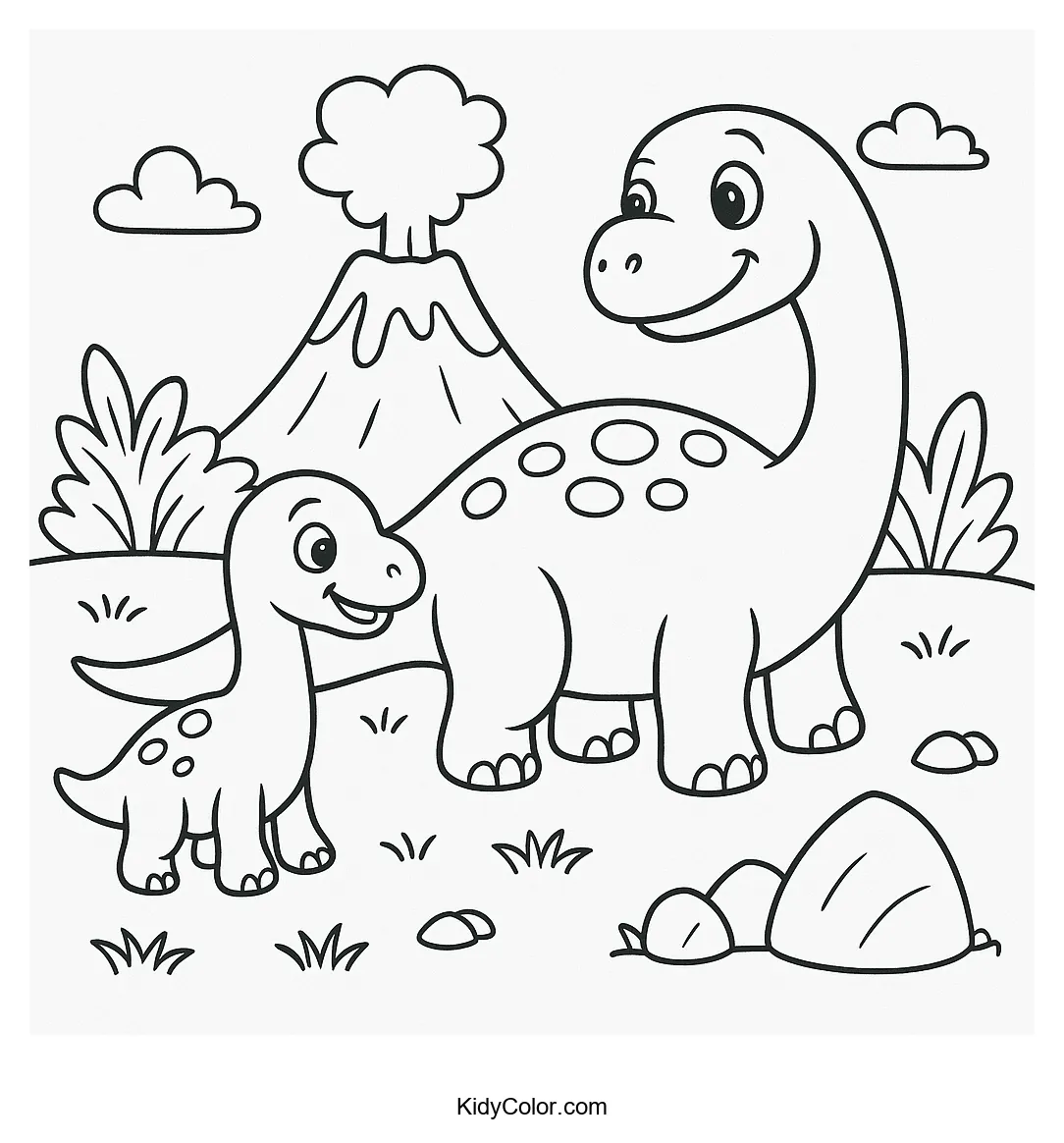 Prehistoric family outing with dinosaurs and a cave family