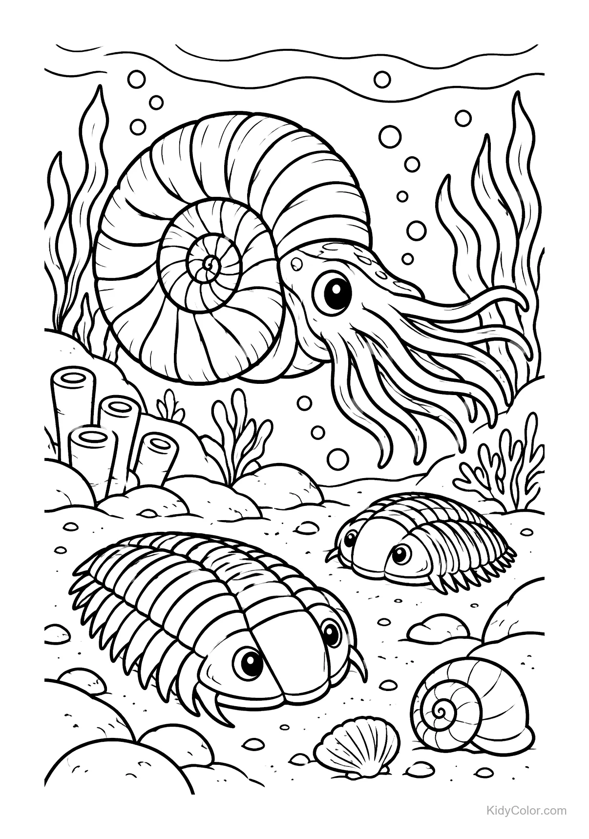 Prehistoric ocean floor with ammonites and other ancient sea creatures in line art.