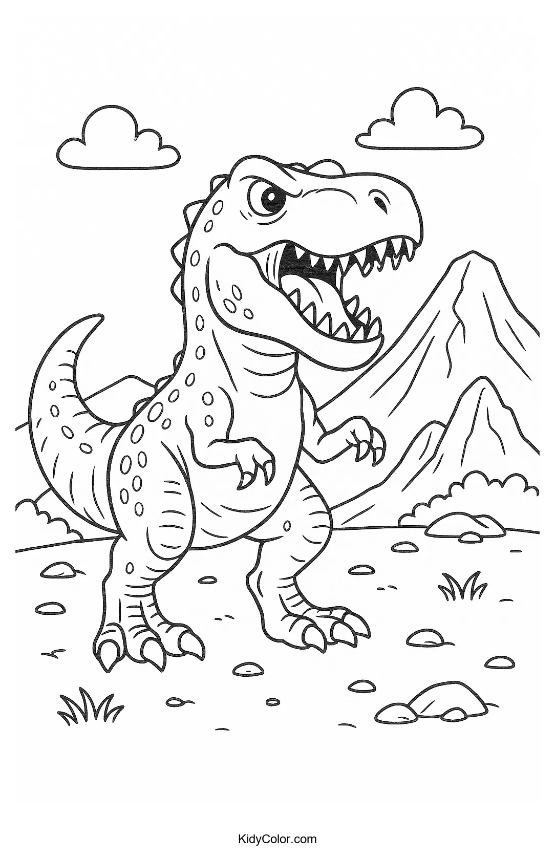 Coloring page of a T. Rex dinosaur encounter scene