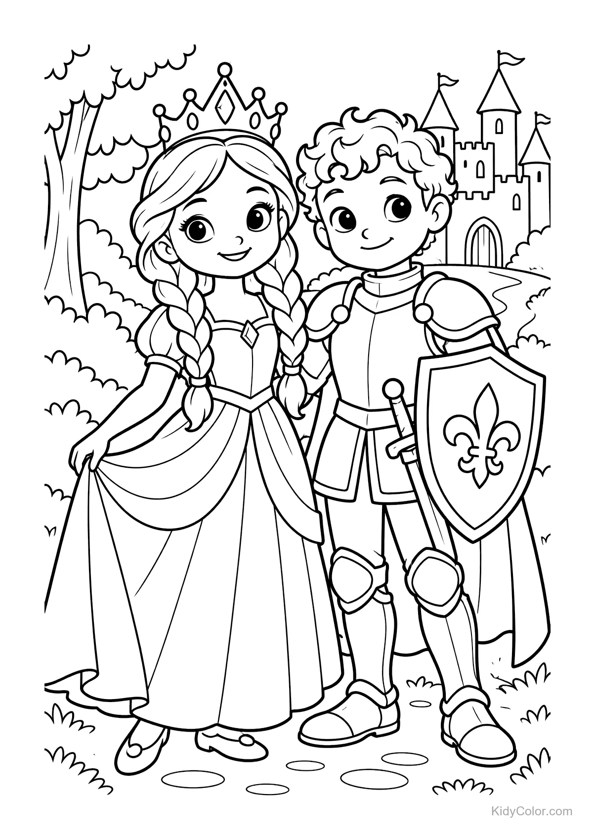 Princesa y caballero en un jardín con un castillo al fondo.