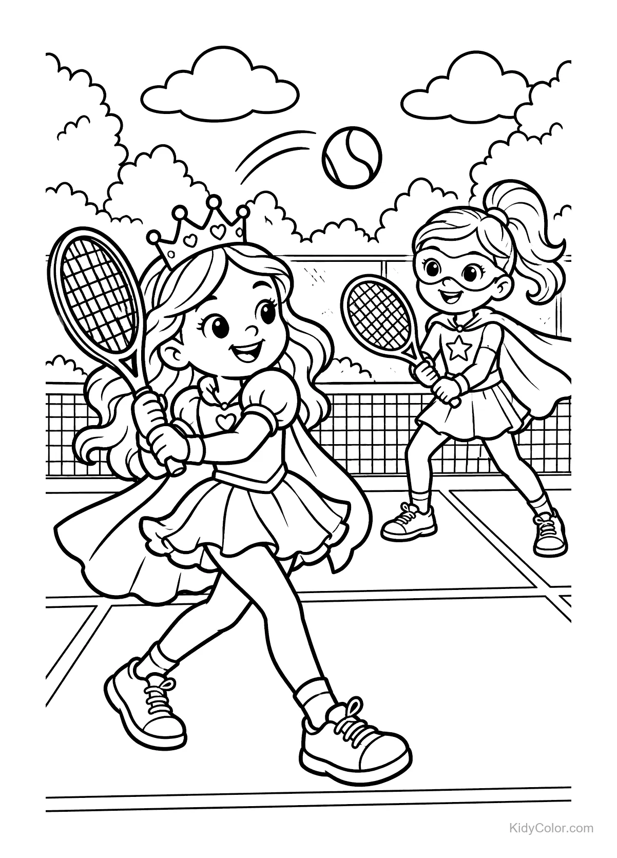 Princesa e super-herói jogando tênis em uma quadra.