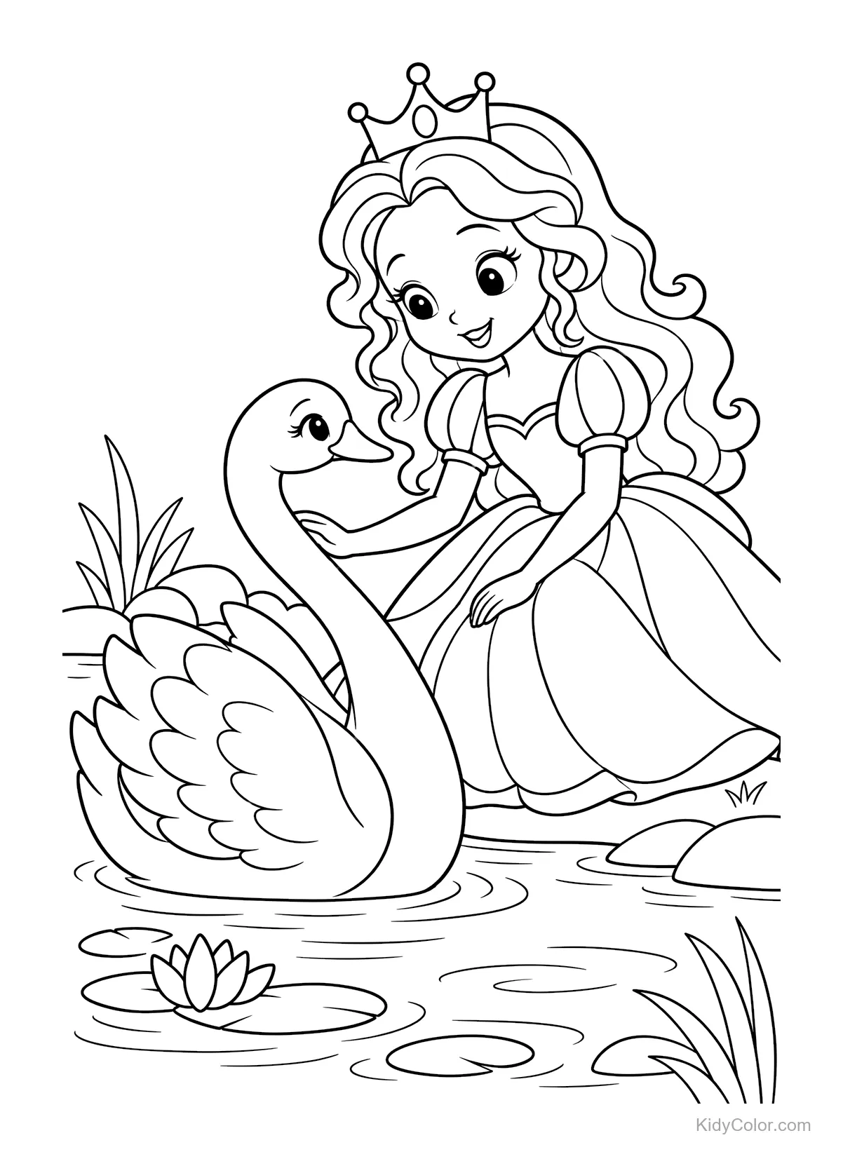 Prinses met kroon aait een zwaan bij de vijver.