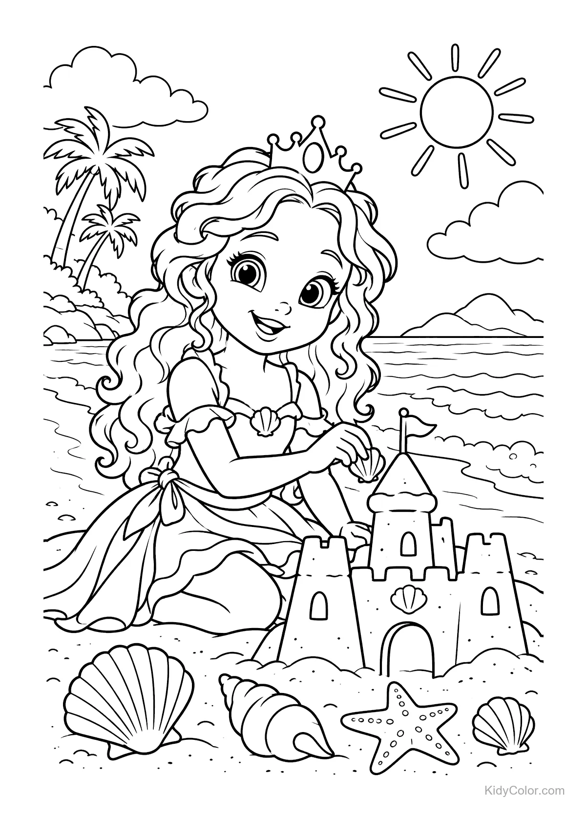Prinses in jurk bouwt zandkasteel op strand met schelpen.