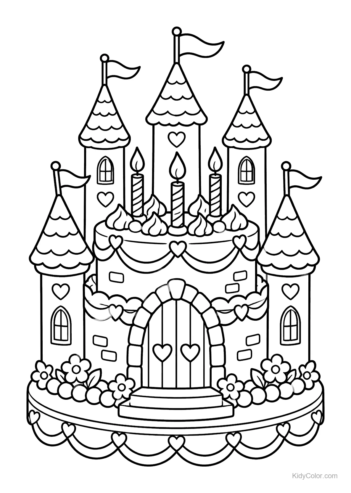Princess castle birthday cake with candles and flags, surrounded by flowers.