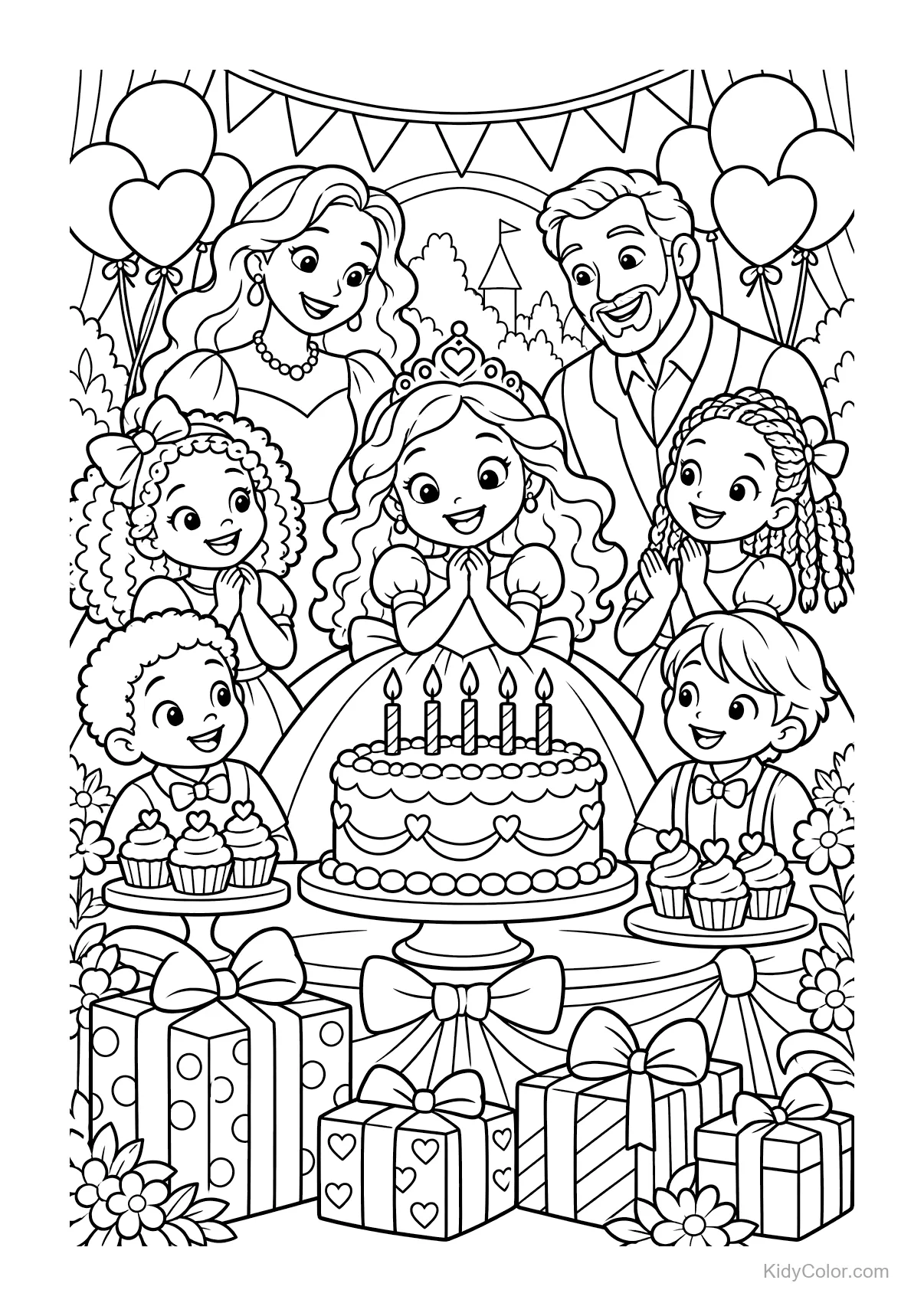 Princess with friends and family at a birthday party with cake and gifts.