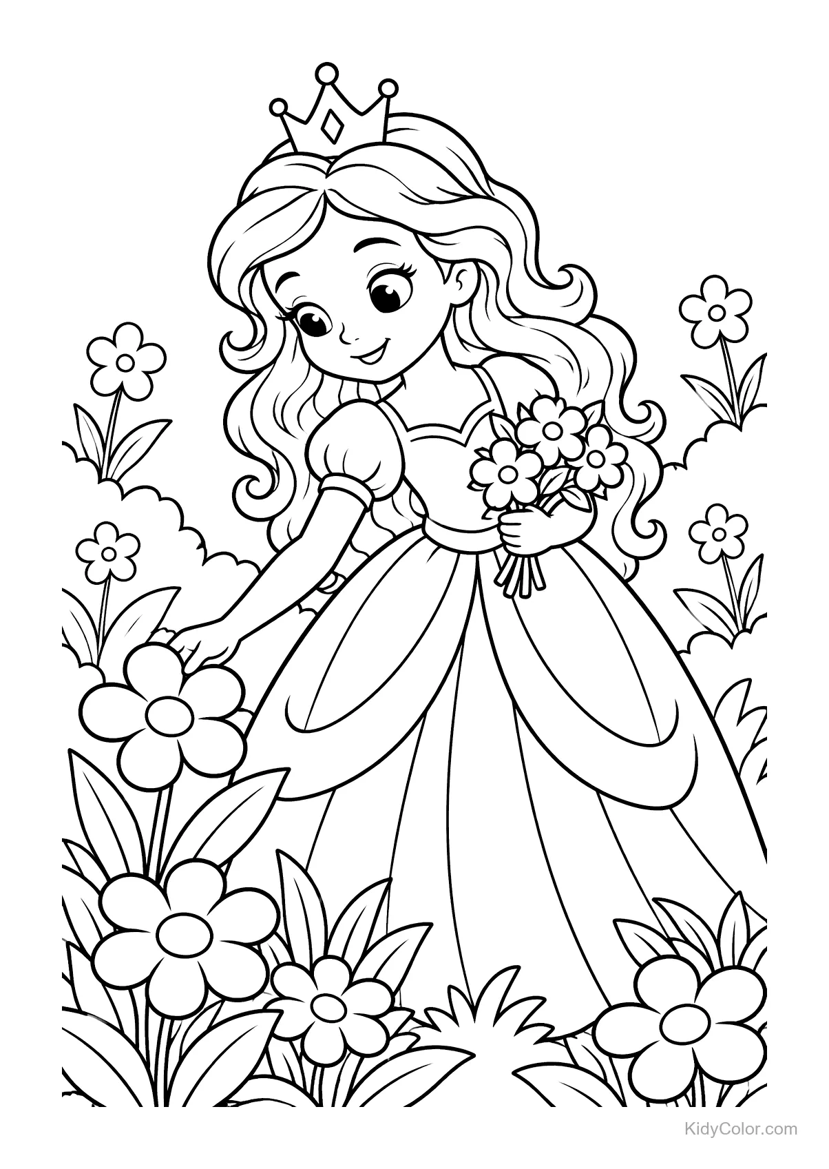 Prinses met kroon plukt bloemen in een tuin.