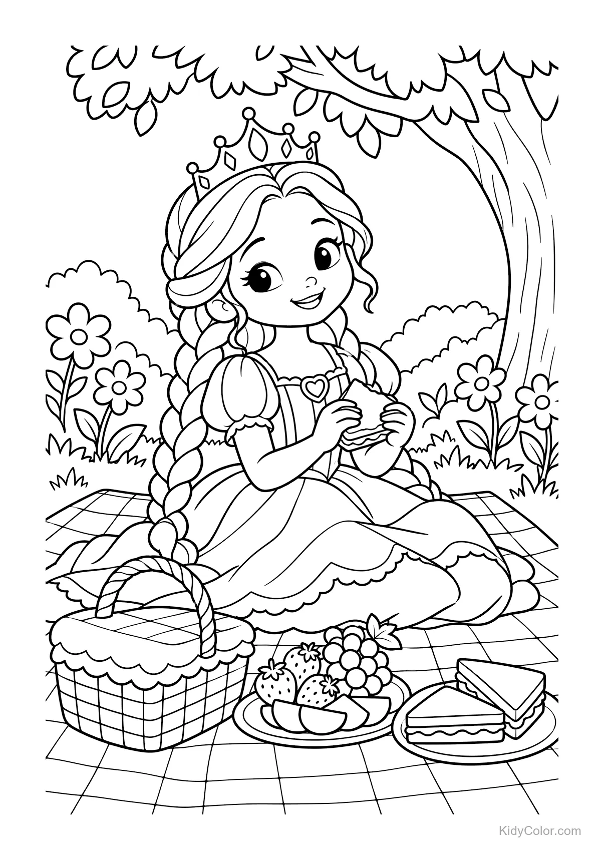 Princesa sentada en una manta de picnic con canasta y comida en un jardín.